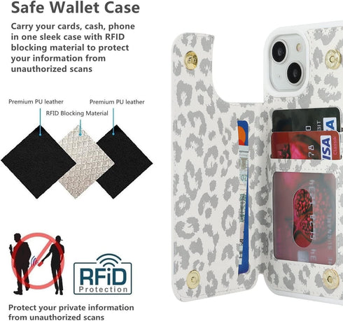 iCoverCase iPhone 13 Phone Case with Card Holder, RFID Blocking PU Leather Protective Case for iPhone 13, Gray Leopard