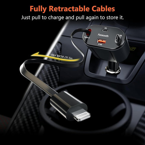 Retractable Car Charger 4 in 1 Fast Phone Charger Adapter PD 63W with 31.5 inch Cables and 2 USB Ports, Compatible with