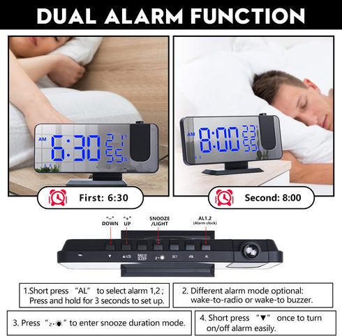 4 Dimmer 180 2 7.4'' ThreeH Projection Alarm Clock Radio Digital Alarm Clock & Rotable & Sounds Large Mirror Display