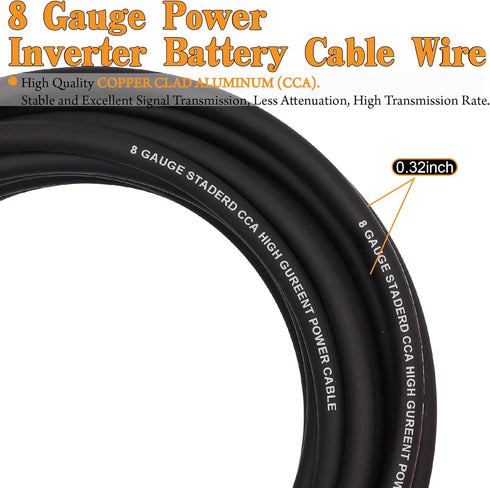 AWG 8 Gauge Wire Cable - 50ft Each (Black/Red) Copper Clad Aluminum CCA with 8ga terminals, 60A ANL Fuse Block for