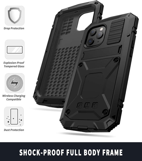 iPhone 12 Pro Max Metal Case with Kickstand, Built-in Screen Protector, Heavy Duty Shockproof, Black