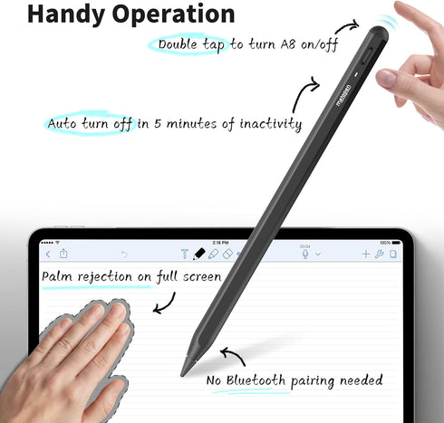 Metapen Pencil A8 for Apple iPad 2018-2024, 2X Faster Charge, Tilt Sensitive, Palm Rejection, Black