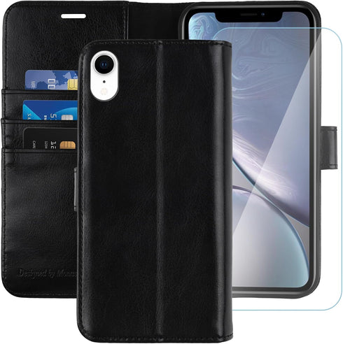 MONASAY Wallet Case for iPhone XR, 6.1-inch, Flip Folio Leather Cover with Credit Card Holder, Black, Glass Protector