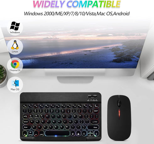 Ultra-Slim Bluetooth Keyboard and Mouse, Portable Mini Wireless Keyboard with 7-Color Backlit for iOS Android Windows