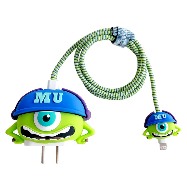 3D Cute Cartoon Charger Protector Case for Apple 20W USB-C Power Adapter and Lightning Cable (Green Hat Mike)