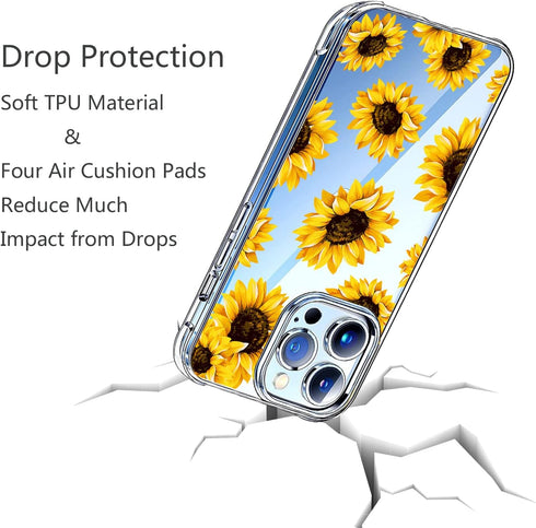 Sunflower Clear Back Case for iPhone 13 Pro Max, Floral Flexible TPU Bumper Shockproof Protective Cover, Yellow