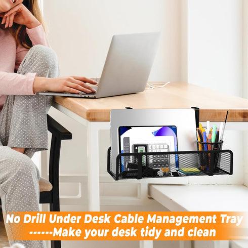 Under Desk Cable Management Tray, Cord Organizer for Desk, No Drill Storage for Office and Home, White