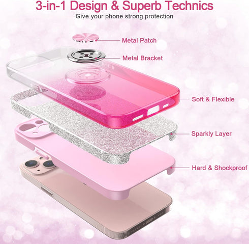 Slim Glitter Case for iPhone 13 with 360° Ring Holder Kickstand, Shock-Absorbent Protective Cover (Pink)