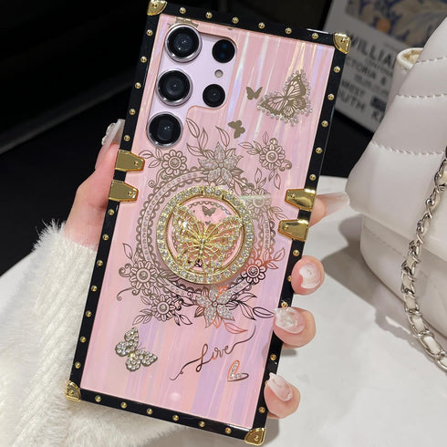 Galaxy S24 Ultra Kickstand Case, Cute Luxury Glitter Bling Butterfly with Ring Stand, Shockproof, Pink