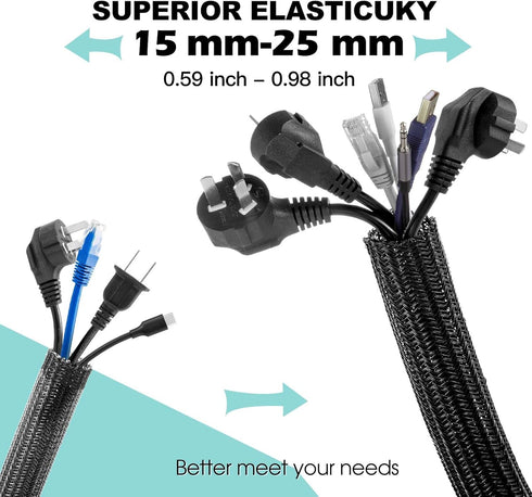 AGPTEK Cable Management Sleeve Cover, 10ft - 1 inch Cord Management System for Desk PC TV Computer Projector Wires Protection and Organization, Home, Theater and Office, Black