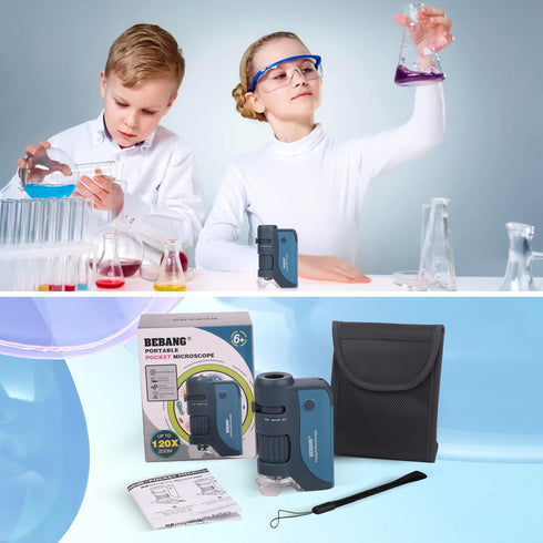 Pocket Microscope, 60x-120x Handheld Mini Microscope for Kids, 5 Slides Specimens, BEBANG Portable Educational Kit