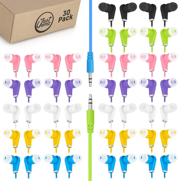 30 Pack Multicolored Earbuds | Disposable 3.5mm Stereo In-Ear Headphones for School, Classroom, Library Use