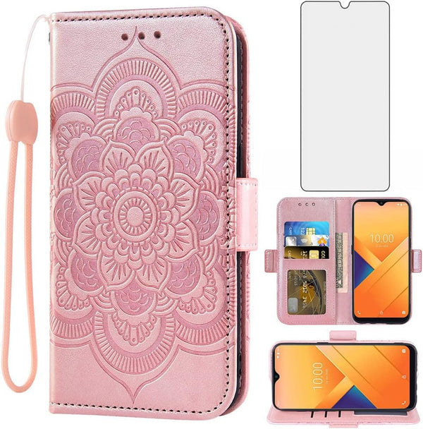 Asuwish Wallet Case for Wiko Voix U616AT - Leather Flip, Tempered Glass Protector, Card Holder, Flower Design, Rose