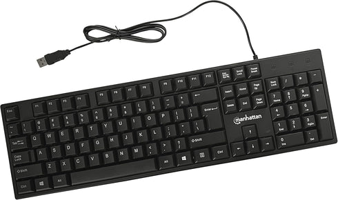 Manhattan Wired Computer Keyboard, Basic Black, 104-keys, 4.5ft USB-A Cable, Foldable Stands, 3 Yr Warranty