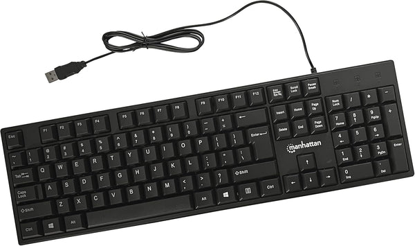 Manhattan Wired Computer Keyboard, Basic Black, 104-keys, 4.5ft USB-A Cable, Foldable Stands, 3 Yr Warranty