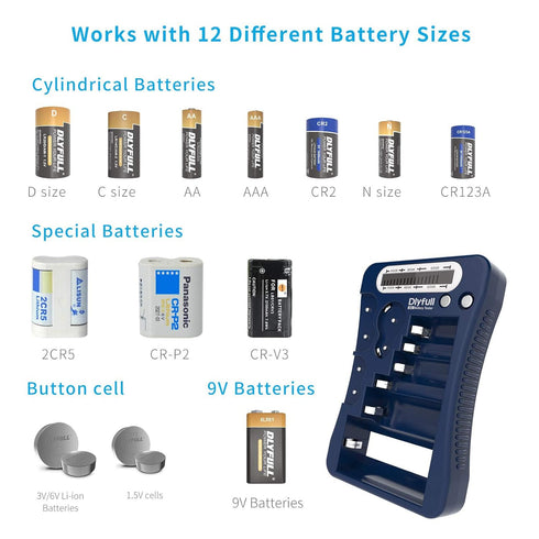 Battery Tester, Dlyfull LCD Display Universal Battery Checker for AA AAA C D 9V CR2032 CR123A CR2 CRV3 2CR5 CRP2 1.5V/3V Button Cell Batteries, 1x AAA batteries included