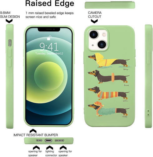Idocolors Green iPhone 13 Mini Case, Cute Dachshund Dog Liquid Silicone Lovely Printed Soft Gel Rubber Cover