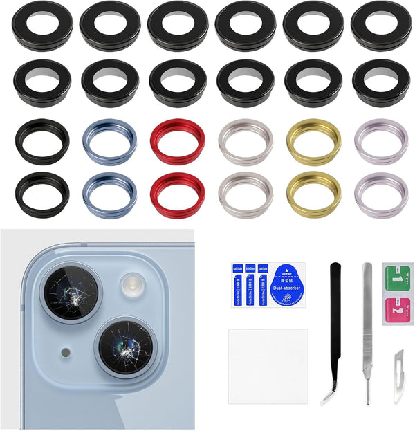 6 Sets for iPhone 14 Blue Back Camera Lens Cover Replacement for iPhone 14 Plus Purple Yellow Midnight Starlight Red Rear Camera Lens Metal Frame with Fix Tool Repair Kit Tweezers
