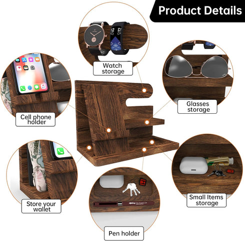 Wooden Phone Docking Station Organizer for Dad Birthday Gifts, Nightstand Organizer, Desk Organizer Wood Gifts for Men