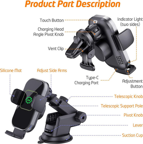 WixGear Wireless Car Charger with Automatic Arms, 15W Qi Fast Charging Phone Holder for iPhone and Samsung