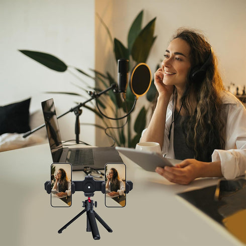 Hiyoo 360 1/4'' Universal Dual Cell Phone Holder Smartphone Tripod Mount Adapter, Rotation Adjustable Clamp for Vlog