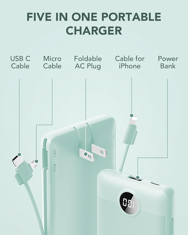 VRURC Portable Charger 10000mAh, Built-in Cables & AC Wall Plug, Compact Lightweight Power Bank for Smart Phones - Green