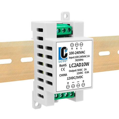 LCLCTC 5V 12V Power Supply din Rail2A 0.8A,Dual Output 10W,Input 100-240Vac,120VAC 115v to
