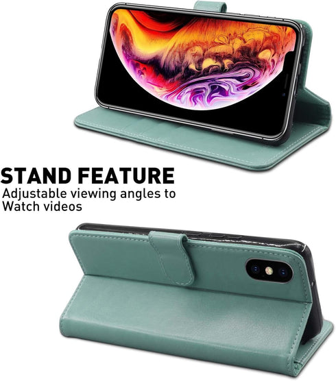 MONASAY Flip Folio Wallet Case for iPhone X/Xs, 5.8", Mint - Leather, RFID Blocking, Credit Card Holder & Glass Screen