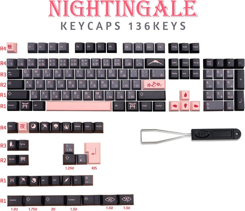 MOLGRIA Keycaps 136 Set Night Sakura - Custom PBT Cherry Profile Key Caps for Full Sized Keyboard, Keycap Puller