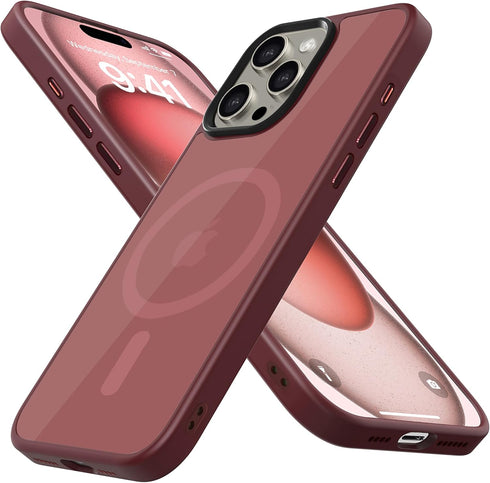 iPhone 15 Pro Max Case - Strong Magnetic Maroon, Military Grade Drop Tested, Compatible with MagSafe, Slim Frosted 6.7"