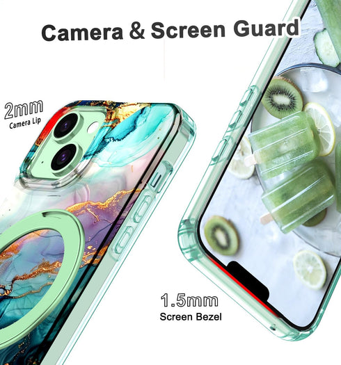 Lamcase iPhone 13/14 Case, Magnetic Invisible Ring Stand, Rugged Slim Shockproof Marble Design, Dark Green