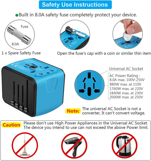 Travel Adapter Worldwide, Universal International Power Plug Adapter with 2.4A 3xUSB-A and 3.0A Type-C Charger