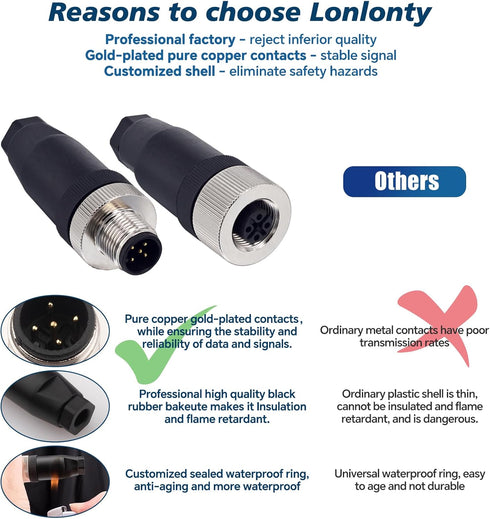M12 5 Pin Male & Female Socket Panel – 12mm Industrial Circular Connector, Outdoor Waterproof IP67, 4 Sets