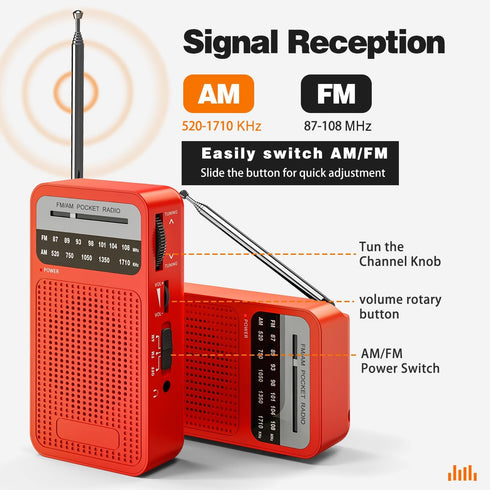 Portable Radio AM FM, Goodes Transistor Radio with Loud Speaker, Headphone Jack, 2AA Battery Operated Radio for Long Range Reception, Pocket Radio for Indoor, Outdoor and Emergency Use-Red