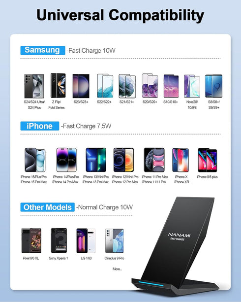 NANAMI Fast Wireless Charger with USB Phone Charger, Qi Certified Charging Stand with QC3.0 Adapter for iPhone 15/14/13