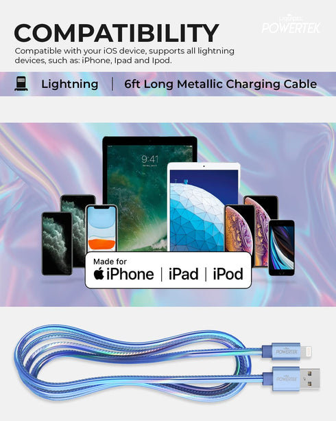 LIQUIPEL Powertek 6 ft iPhone Charger Cable, Fast Charging Lightning to USB Cord Adapter, MFI Certified, Compatible for