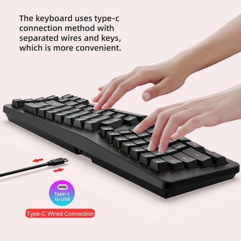 HXMJ Cable,69 -Wired Ergonomic Gaming Keyboard,Mechanical Feel,Detachable USB Keys,RGB Backlit-Black