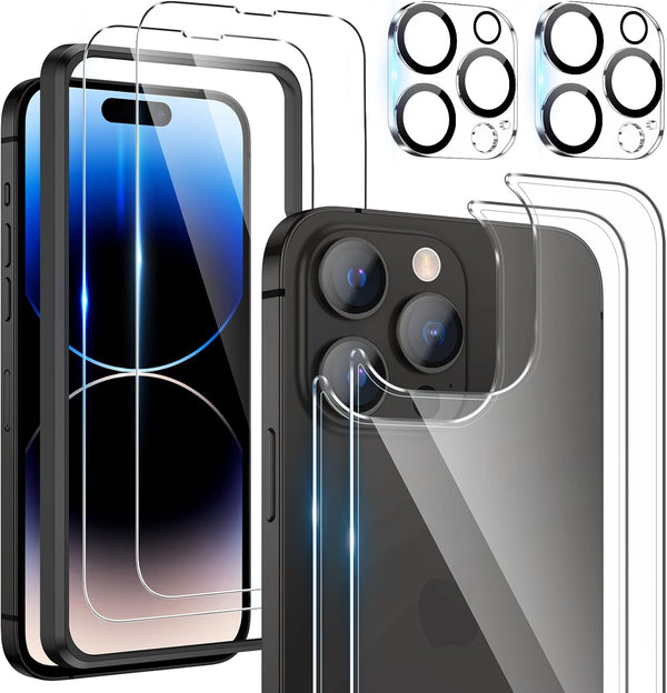 Maxdara iPhone 14 Pro Screen Protector 6 in 1, 9H Hardness, Ultra HD, 2 Pack Back & Front Glass, Camera Lens Protectors.