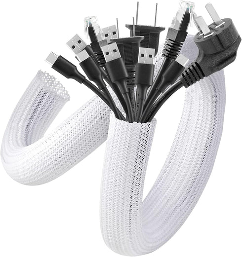 AGPTEK White Cable Sleeve Cover, 2 Pack 5ft Cord Management Wire Organizer for Home Office, Protects Cords from Chewing