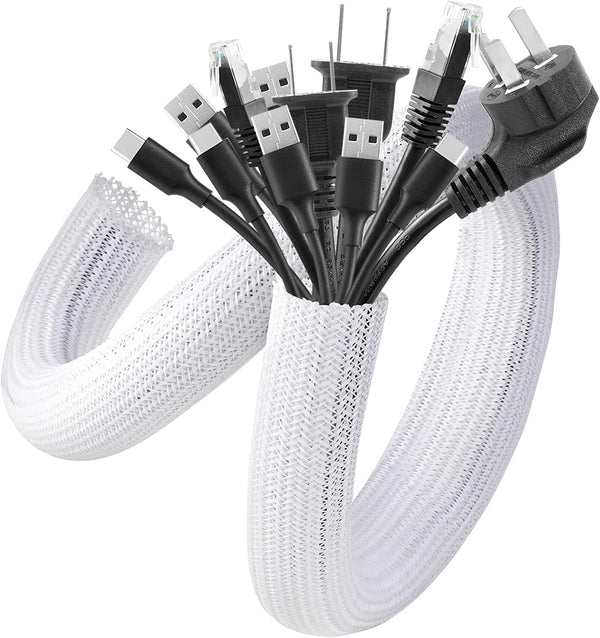AGPTEK White Cable Sleeve Cover, 2 Pack 5ft Cord Management Wire Organizer for Home Office, Protects Cords from Chewing