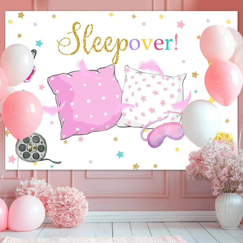 Mocsicka Sleepover Party Backdrop for Pink Girl Pajamas Pillow Fight Decorations, Slumber Party Banner (5x3ft)
