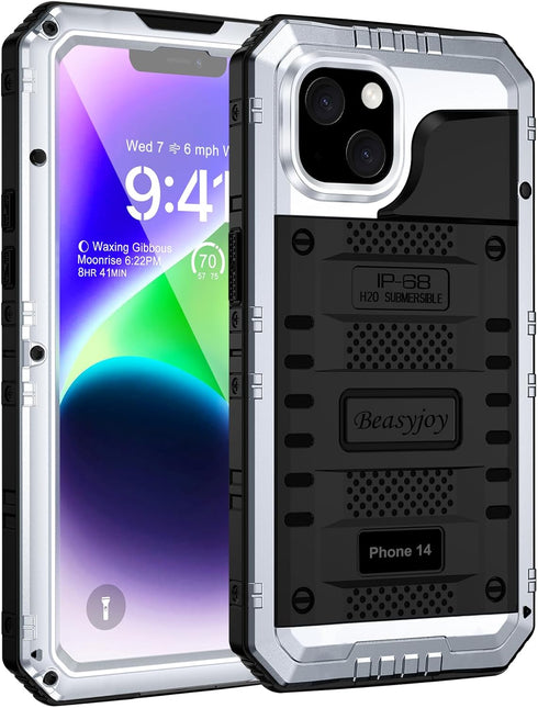 Beasyjoy Waterproof iPhone 14 Case - Metal Heavy Duty Full Body Protective Case with Built-in Screen Protector, Silver