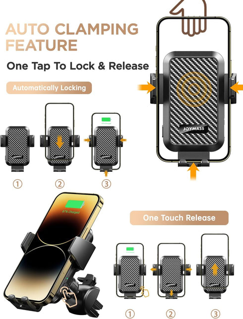 Wireless Car Charger 15W Fast Charging Auto Clamping Cell Phone Holder Mount Vent for iPhone 15 14 13 12 Mini Pro Max