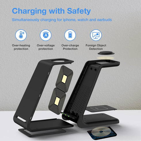 Earteana 3 in 1 Charger Station for iPhone, Fast Wireless Charging Dock for Apple Watch and Airpods, Dark Black
