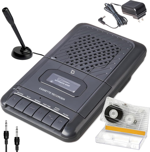Portable Cassette Player Tape Recorder, Record to Cassettes via Mic or Aux, Built-in Speaker, Includes External Mic,