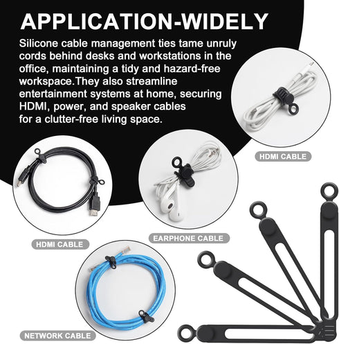 48Pcs Cord Organizer Kit, Reusable Silicone Cable Ties and Strong Adhesive Clips for Cable Management (Black)