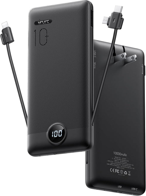 VRURC Portable Charger with Wall Plug, 10000mAh Slim Power Bank with Built-in Cables, PD 20W Fast Charging
