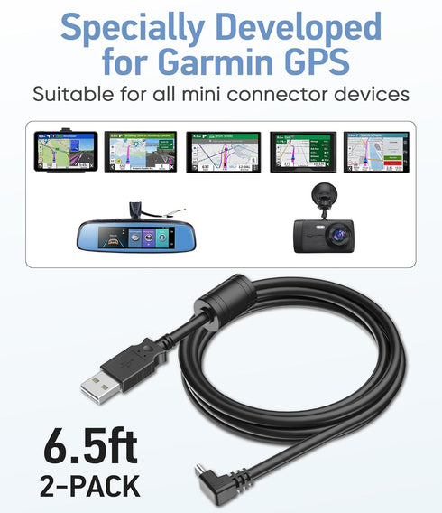18AWG Charging Cable for Garmin GPS (6.5Ft 2Pcs) Thicker Power Cord, 90 Degree Shielding Mini USB Charger Cable for