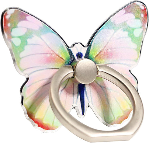 Cute Butterfly Pattern Cell Phone Ring Stand Holder, 360° Rotation Finger Kickstand with Knob Loop (Pink Green)