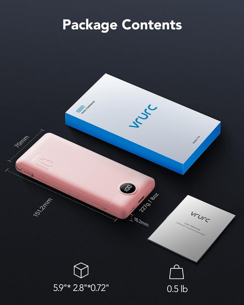 VRURC Portable Charger Power Bank with Wall Plug, 10000mAh with Built-in Cables, PD 20W Fast Charging